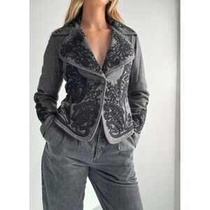 Soft Surroundings Blazer Wool Blend Jacket Gray Herringbone Lined Embroidered M